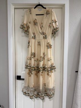 Baltic Born Cream Midi Dress with Green and Gold Floral Embroidery